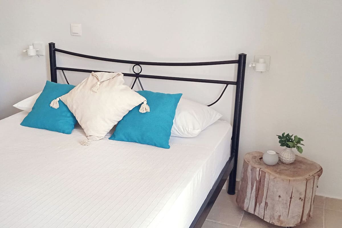A bed with a white mattress, a black metal headboard, and blue and white pillows. There is a small wooden side table with a plant and a white vase.