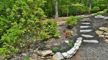 A garden with a stone pathway, surrounded by various shrubs and trees.