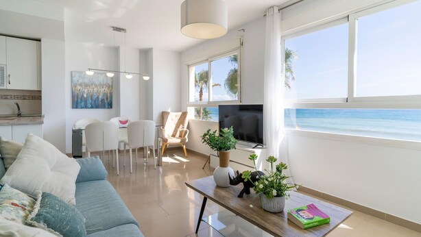 A modern living room with a sofa, a coffee table with plants, a TV, and a view of the ocean. - Beach front apartment (San Luis de Sabinillas)
