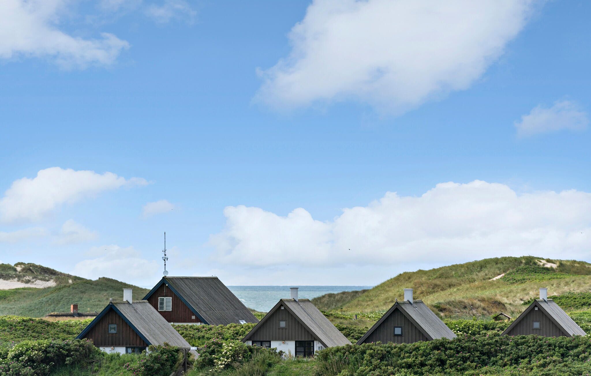 A row of traditional wooden houses with pitched roofs, set against a backdrop of a clear sky and a distant view of the sea.
