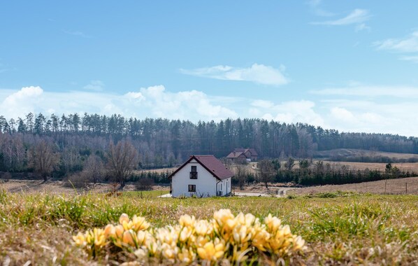 Una casa blanca con techo rojo en un entorno rural, rodeada de campos y un bosque al fondo.
