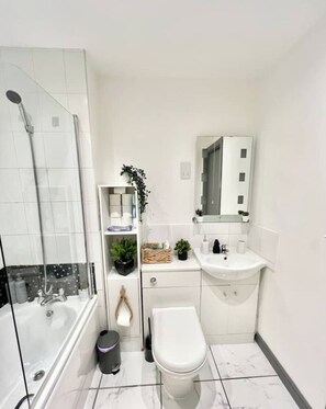 Hair dryer, towels, soap, toilet paper