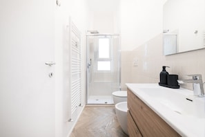 Shower, hair dryer, bidet, towels