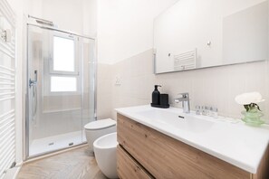 Shower, hair dryer, bidet, towels