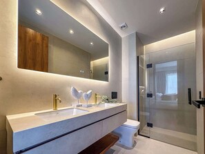 Shower, hair dryer, towels