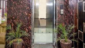 Une entrée d’ascenseur avec un mur de marbre, une enseigne au-dessus et deux plantes en pot de chaque côté.