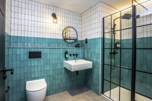 Shower, hair dryer, towels