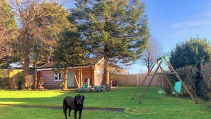 A backyard with a dog, a wooden swing set, and a house with a garage.