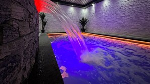 Un área de spa con fuente de agua, paredes de piedra y plantas en macetas.