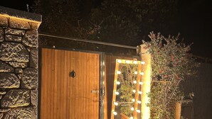 A wooden door with a mirror and lights, a stone wall, and a potted plant. - Kekik Alaçatı Otel (Cesme)