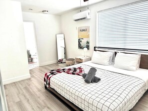 1 bedroom, desk, iron/ironing board, travel cot