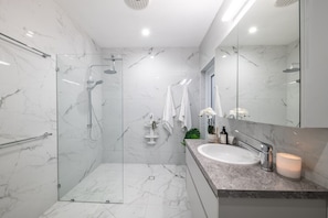 Shower, hair dryer, towels, toilet paper