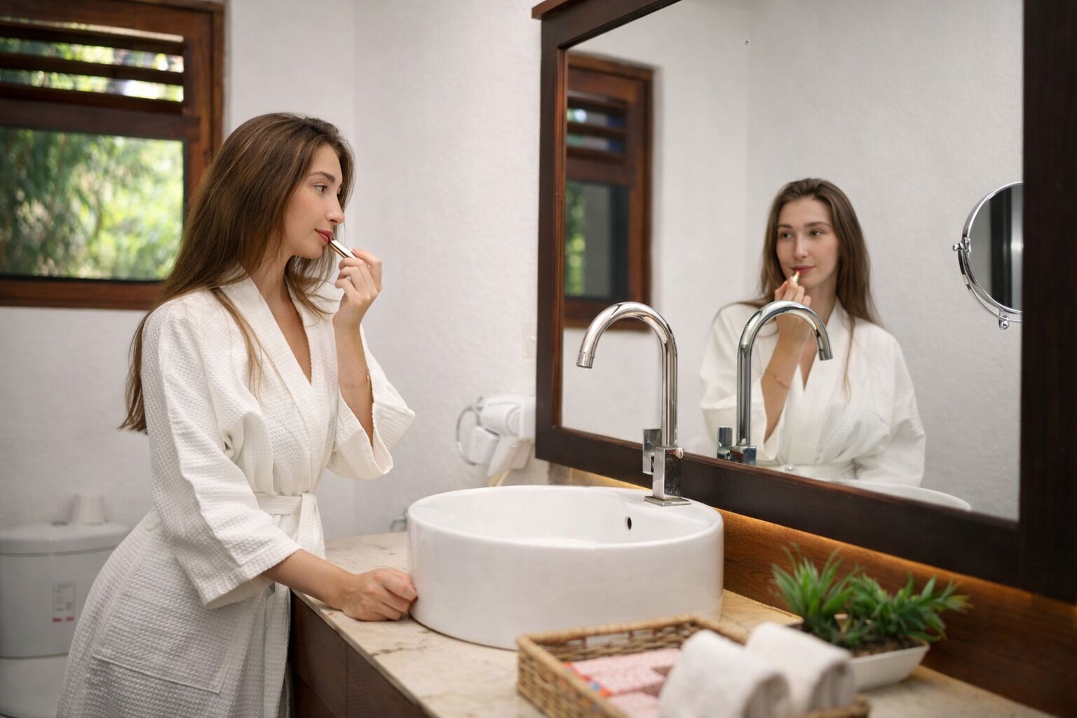 Un baño con un lavabo redondo, un espejo y una ventana con persianas.