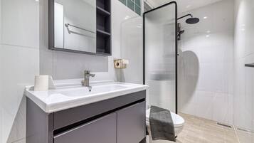 Een moderne badkamer met een witte wastafel, spiegel en douchecabine.