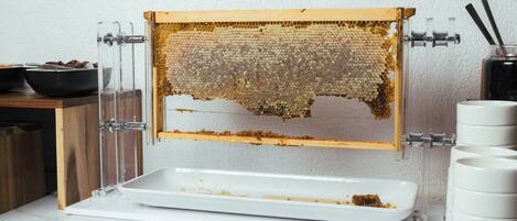 A honeycomb frame with a tray below it, likely for collecting honey.