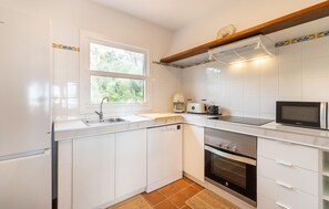 Fridge, stovetop, dishwasher, coffee/tea maker