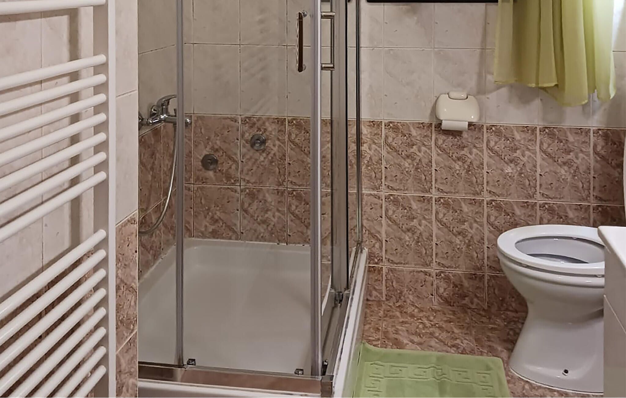 A bathroom with a glass-enclosed shower, a toilet, and a towel rack.