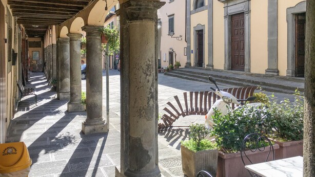 Un pasillo peatonal cubierto con columnas, una patineta y plantas en macetas.