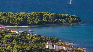 A coastal area with a small island covered in dense green trees, a sailboat in the water, and a cluster of buildings with red roofs near the shore. - 2 bedroom lovely home in Zizanj (Zizanj)