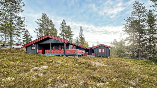 A cabin with a red roof and grey walls, surrounded by a forest. - Beautiful home in Jordet with sauna (Jordet)