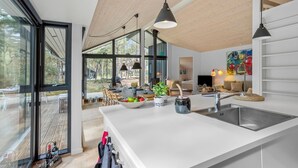 Eine moderne Küche mit einer großen Kochinsel, ein Essbereich mit Aussicht und ein Wohnzimmer mit Kamin.