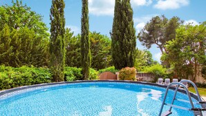 A swimming pool surrounded by tall trees and lush greenery.