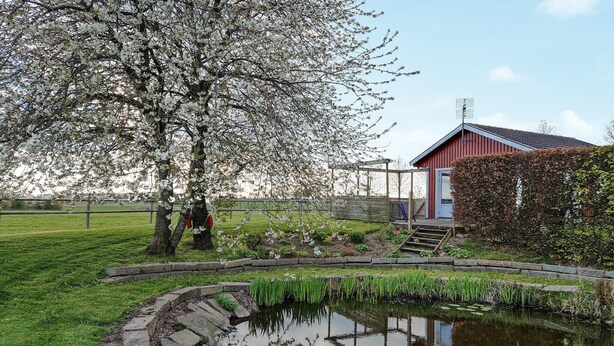 A pond with a wooden bridge, a red building with a blue door, and a large tree with white blossoms. - Awesome home in Eslöv with house a panoramic view (Eslöv)
