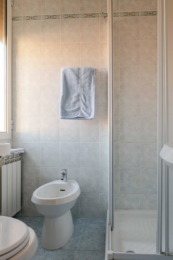 Un baño con ducha, inodoro y bidé.