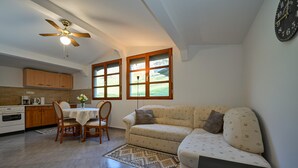 A compact kitchen with wooden cabinets, a dining table with chairs, a sofa, and a patterned rug. - 1 bedroom lovely home in Andrasevec (Andrasevec)
