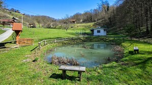 A rural pond with a wooden bench, surrounded by grassy areas and a small white building. - 1 bedroom lovely home in Andrasevec (Andrasevec)