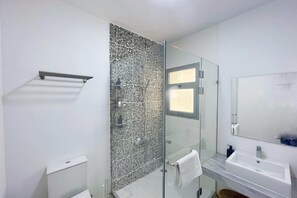 A modern bathroom with a glass shower enclosure, a white sink, and a large mirror.