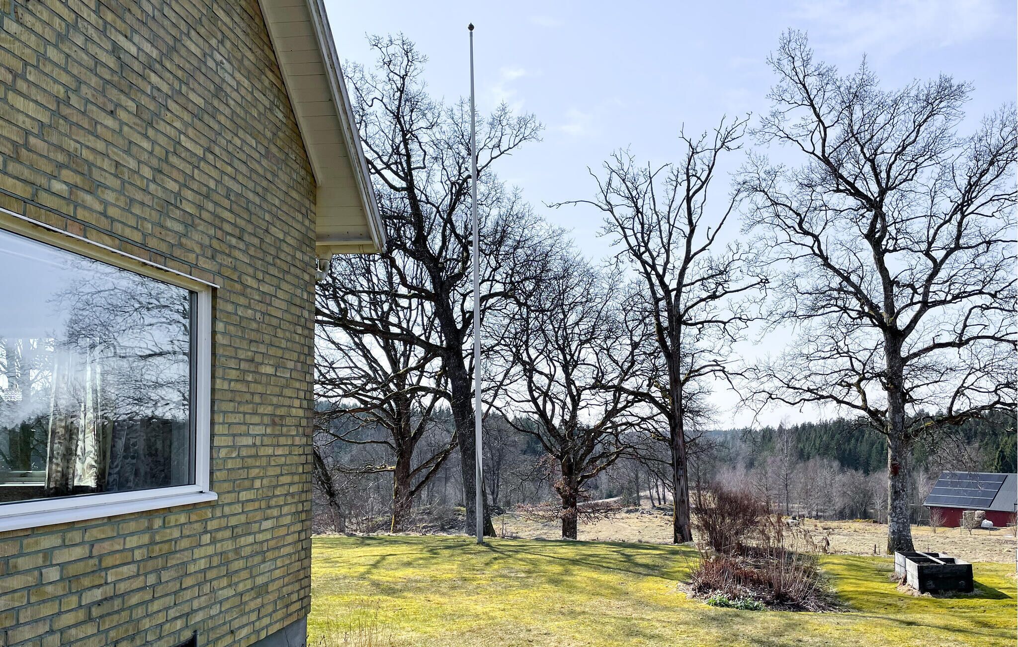 A brick building with a large window, a grassy yard, and leafless trees.