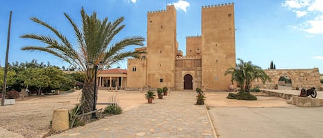 A historic building with two prominent towers and a central entrance, surrounded by a paved courtyard with palm trees and potted plants.