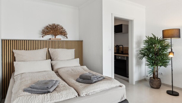 A neatly made bed with a wooden headboard, a potted plant, and a floor lamp.
