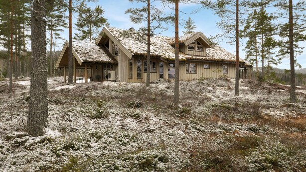 A cabin with a steeply pitched roof, multiple windows, and a thatched roof section. - Beautiful home in Koppom with sauna (Koppom)