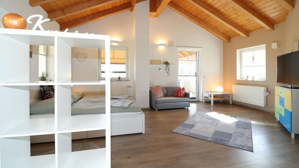 A spacious room with wooden beams, a sofa, a TV, and a bookshelf. - Ferienwohnung in Abtenau (Abtenau)