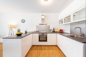 Full-size fridge, oven, stovetop, dishwasher