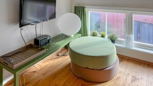 Een moderne kamer met een flatscreen-tv, een groene console tafel met elektronische apparaten, een rond poef en een raam met uitzicht op een rood gebouw.