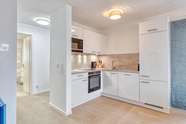 Fridge, stovetop, dishwasher, coffee/tea maker