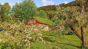 Une maison rouge, avec un toit de chaume, entourée d’arbres en fleurs et d’un champ verdoyant.