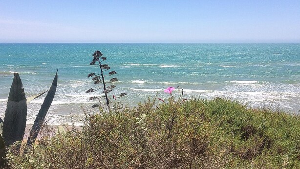 A coastal landscape with a clear view of the ocean and a beach.