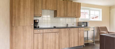 Fridge, stovetop, coffee/tea maker