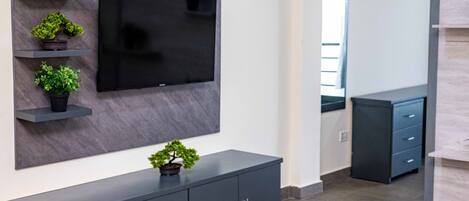 A modern living room with a flat-screen TV mounted on a grey wall, a dark grey console table with cabinets, and three shelves with potted plants.