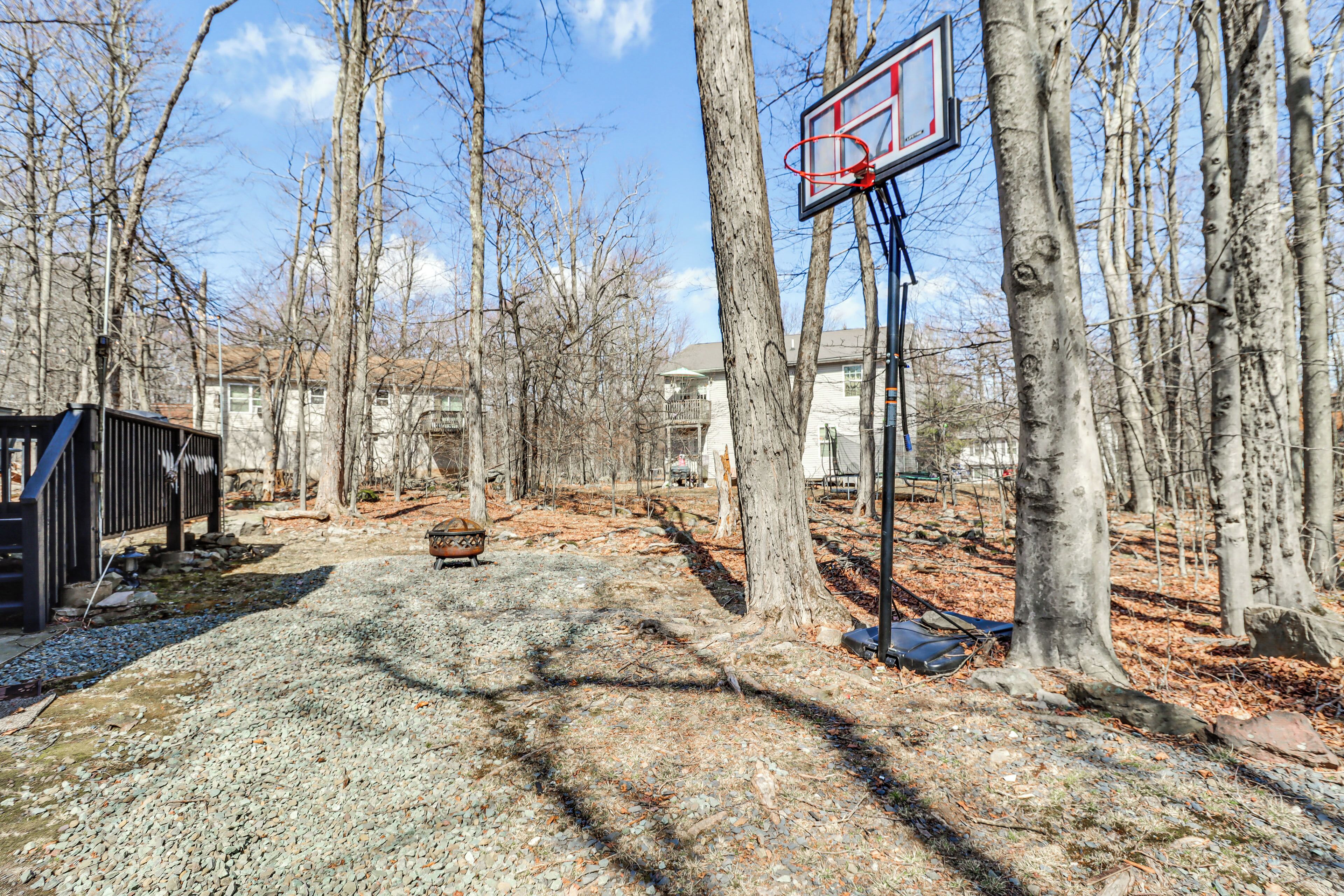 A basketball court with a hoop, surrounded by trees and a gravel path.