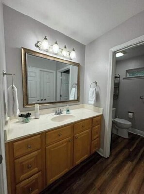 Hair dryer, towels, soap, toilet paper