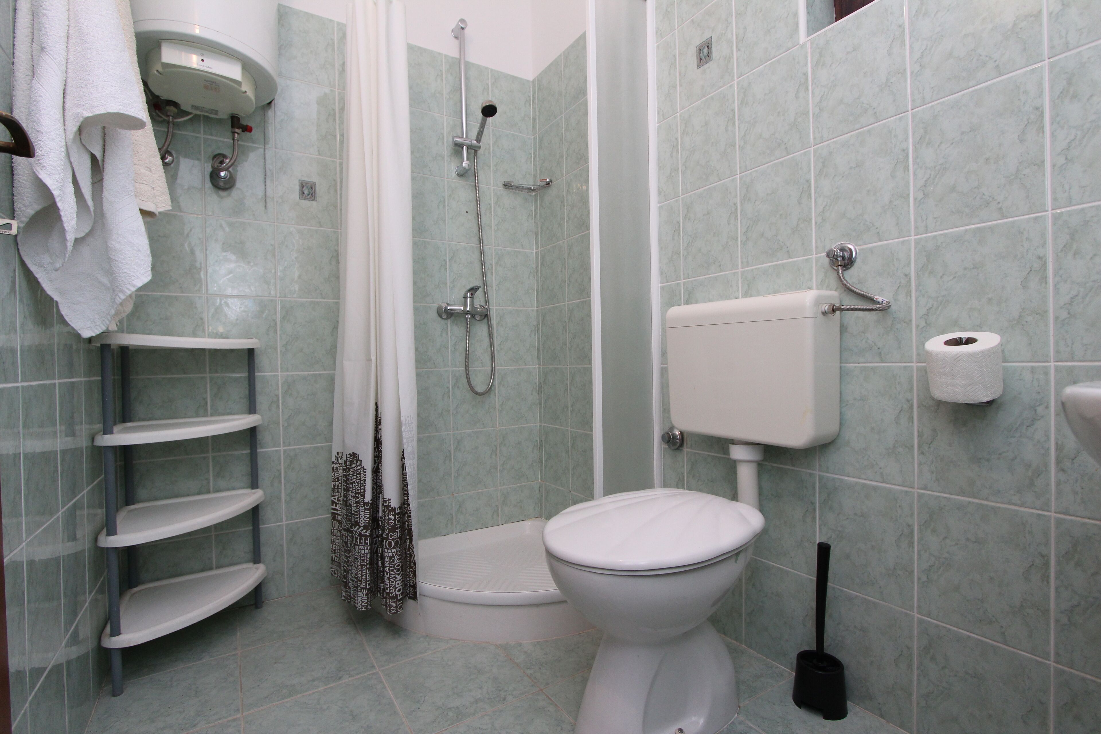 A bathroom with a toilet, shower, and shelves.