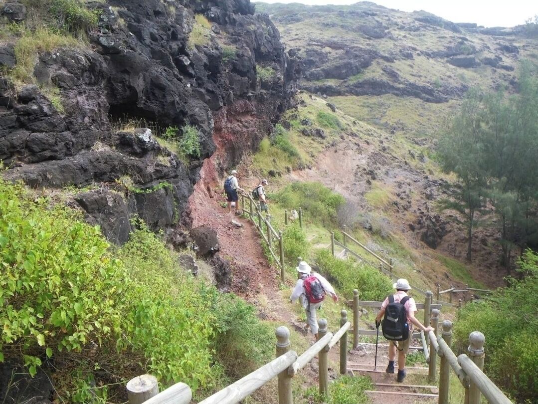 A wooden staircase with railings leading up a rocky hillside.