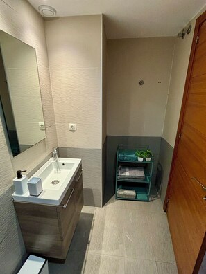 Shower, bidet, towels, soap