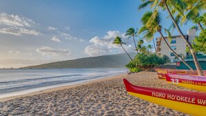 A beach with a row of colorful canoes, palm trees, and a building in the background. - Kihei Beach, #109 2 Bedroom Condo (Kihei)