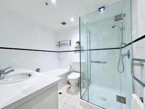 Shower, hair dryer, towels